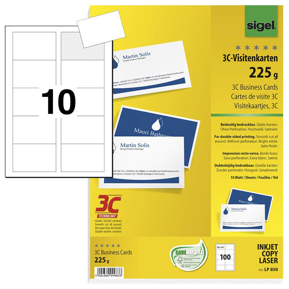 SIGEL Visitenkarten 225 g/m² satiniert hochweiß