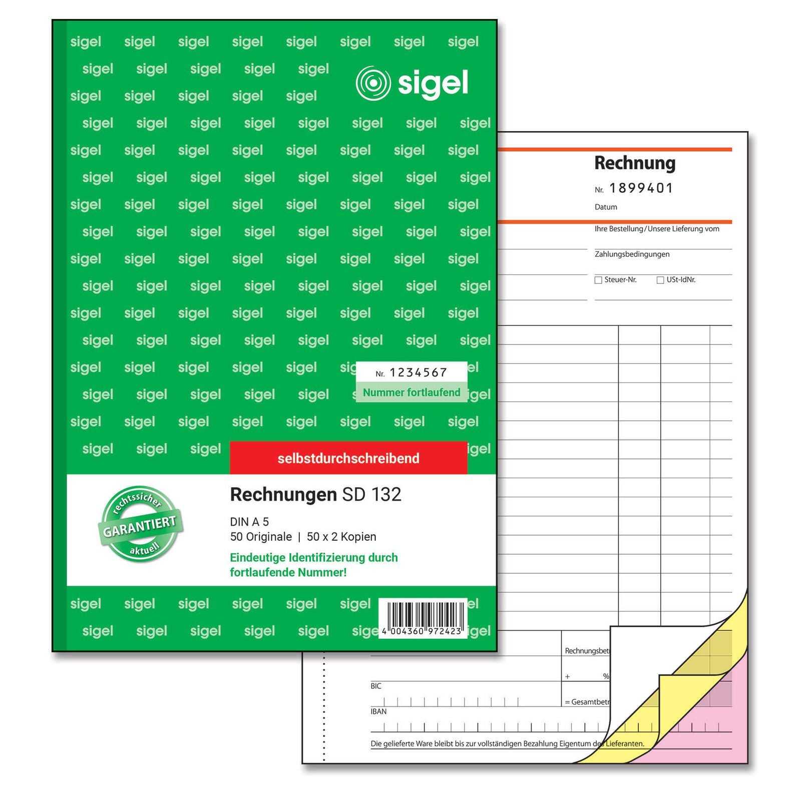 SIGEL Formularbuch Rechnung mit fortlaufenden Nummern DIN A5 3x 50 Seiten