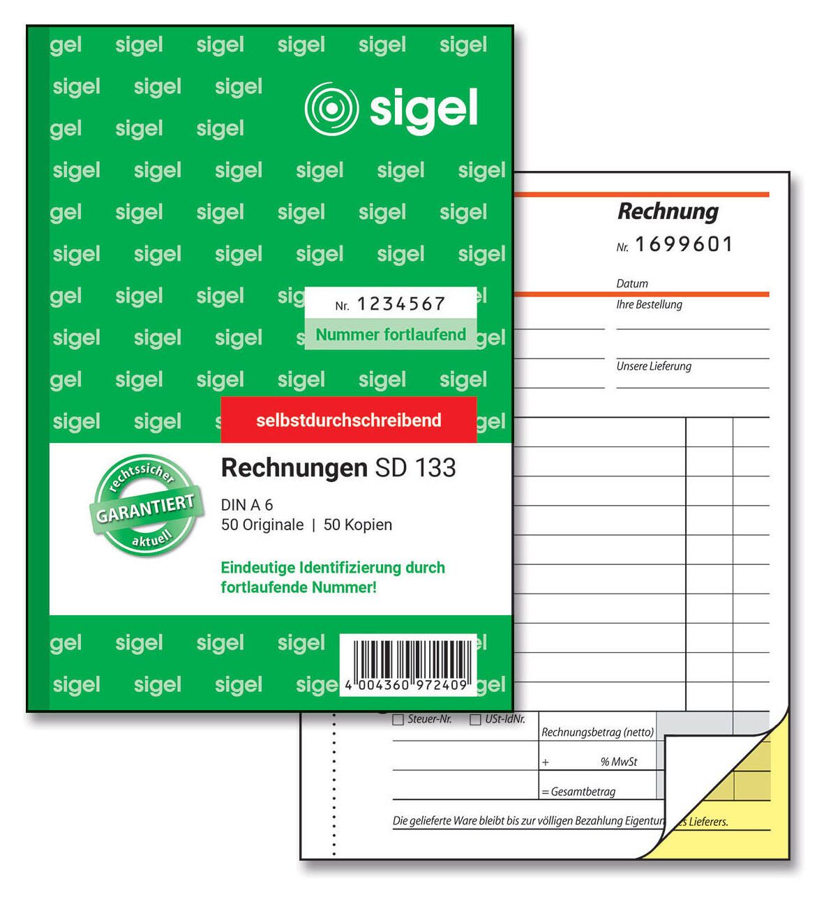 SIGEL Formularbuch Rechnung mit fortlaufenden Nummern DIN A6 2x 50 Seiten