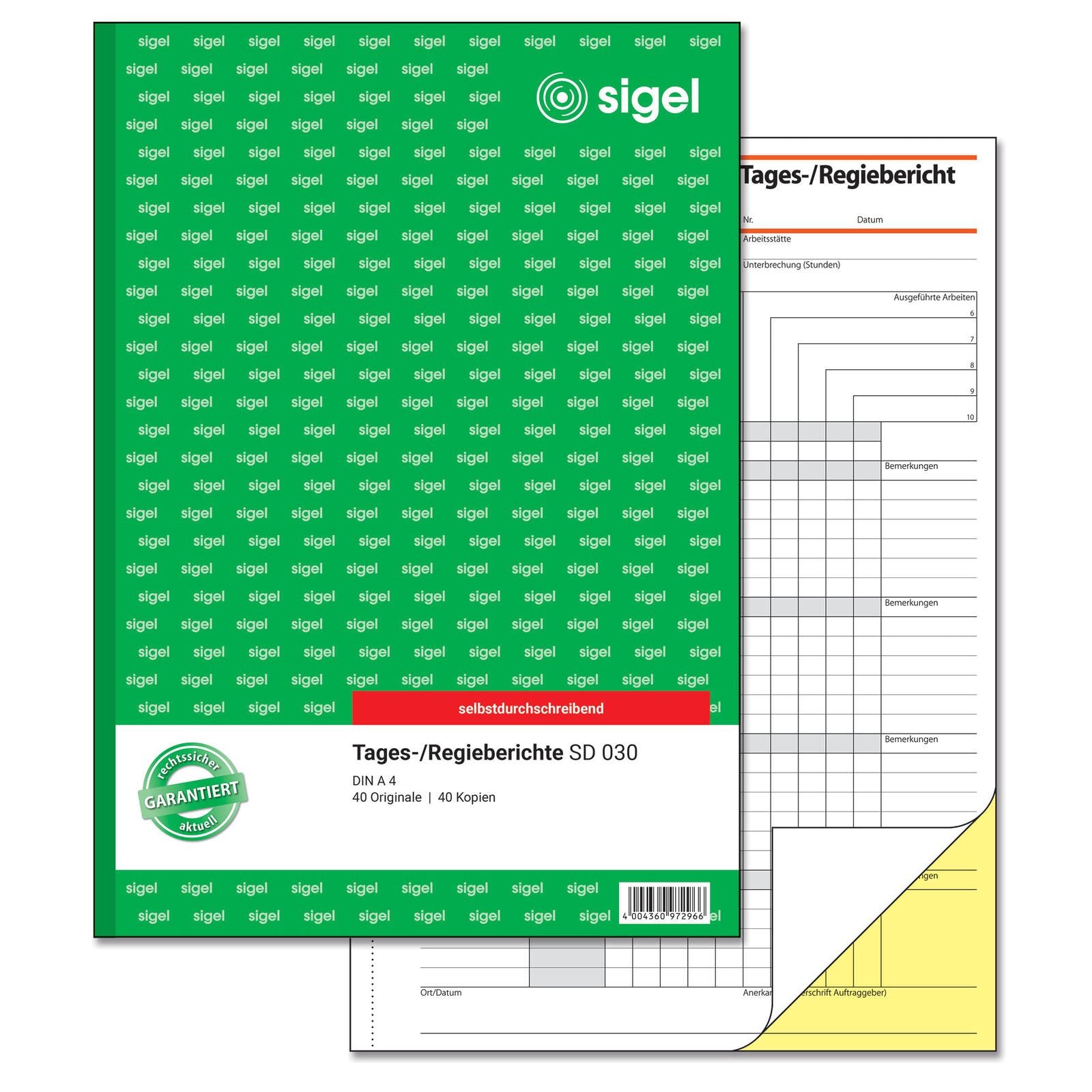 SIGEL Formularbuch Tages-/Regiebericht DIN A4 2x 40 Seiten