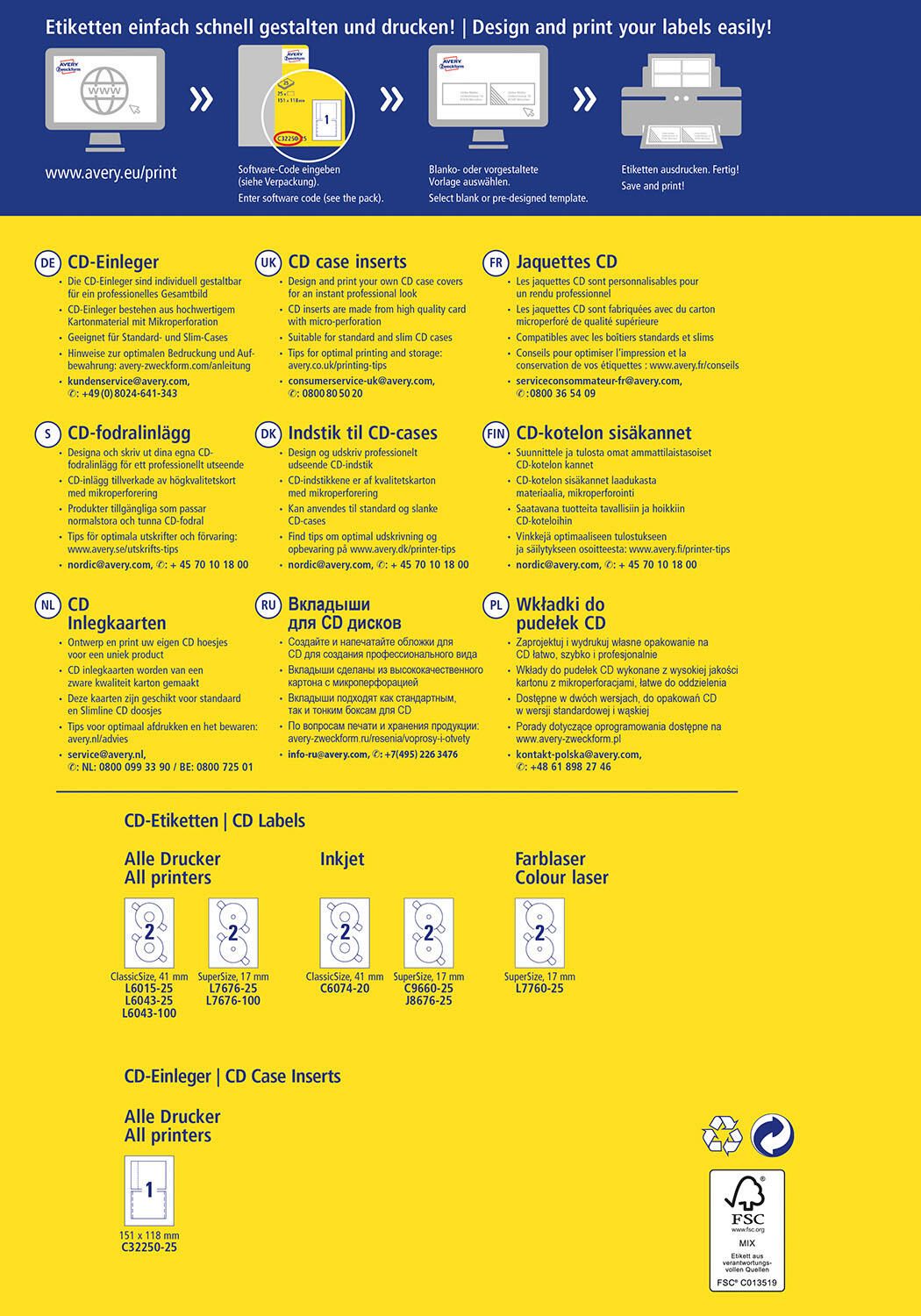 AVERY Zweckform CD-Einleger CD-Einleger, 151x118mm, weiß C32250-25 weiß