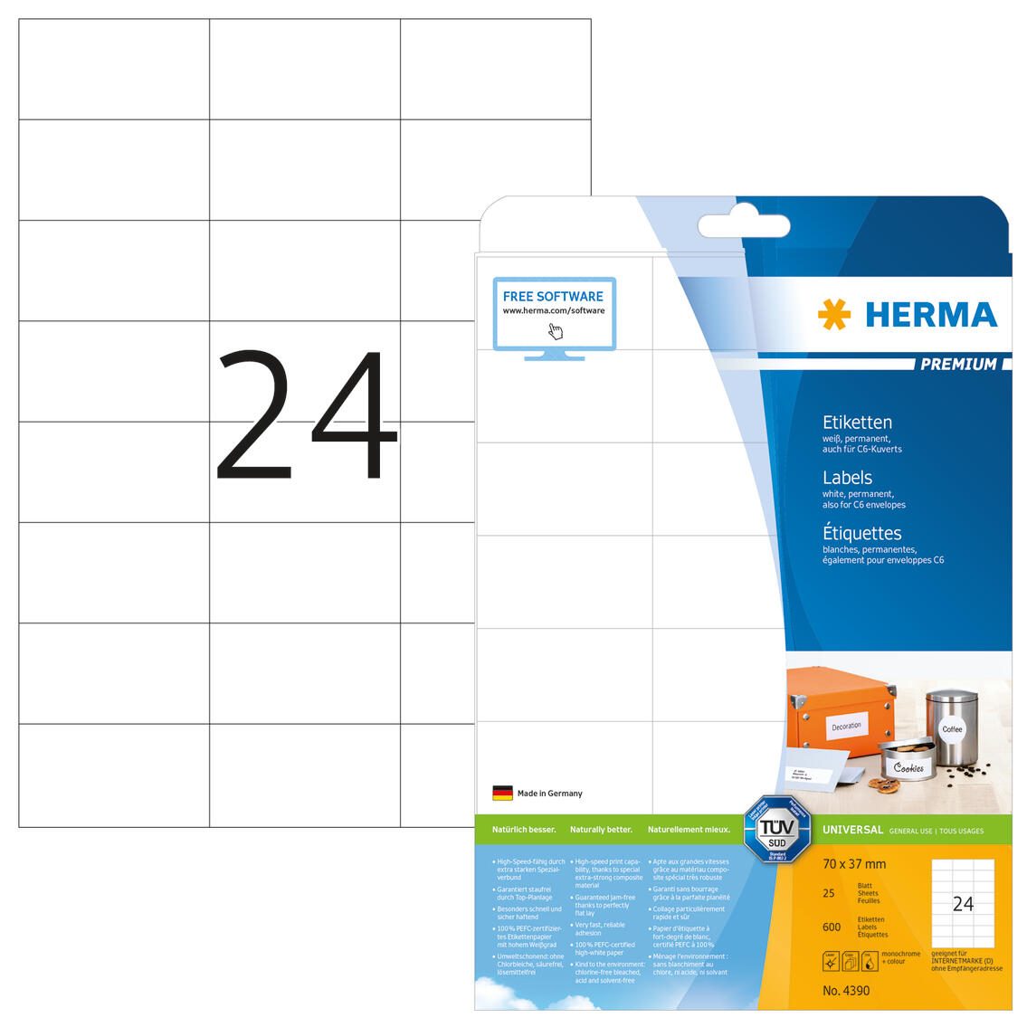 HERMA Etiketten 4390 weiß 70,0 x 37,0 mm