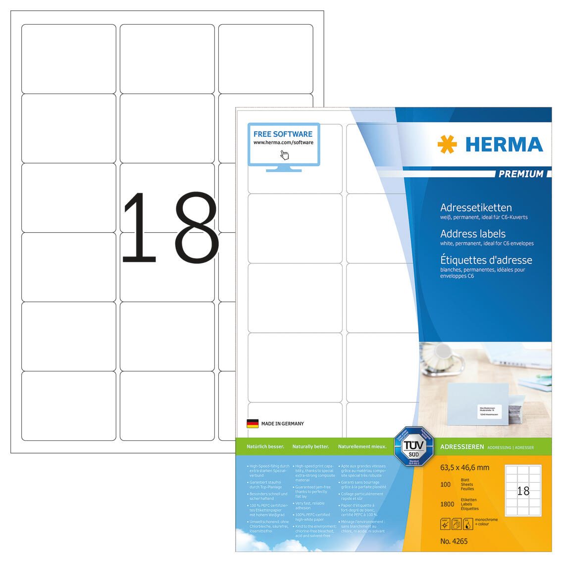 HERMA Adressetiketten 4265 weiß 63,5 x 46,6 mm