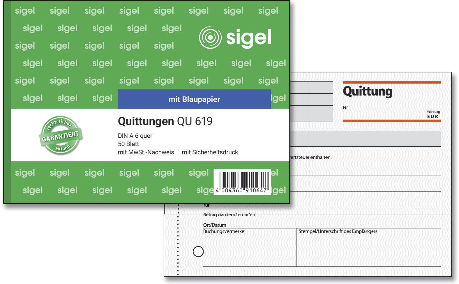 SIGEL Formularbuch Quittung, MwSt. separat ausgewiesen DIN A6 quer 1x 50 Seiten