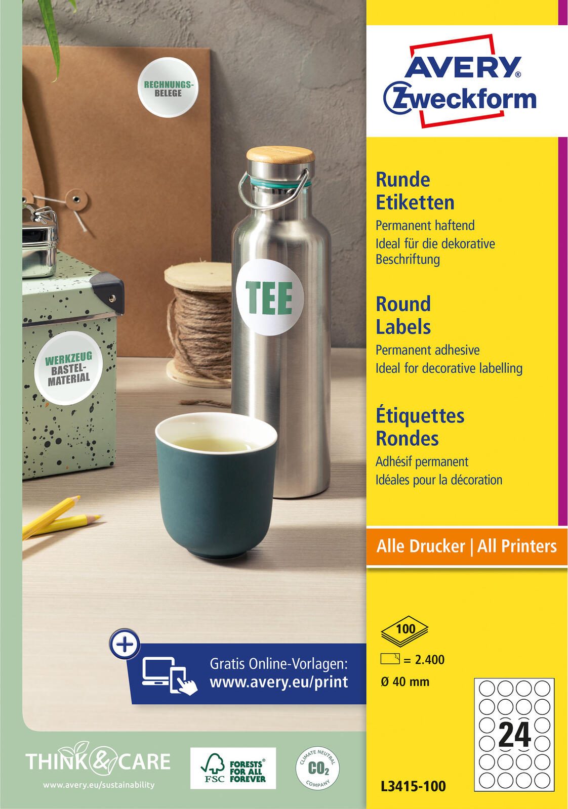 AVERY Zweckform Etiketten L3415-100 weiß 40,0 x 40,0 mm