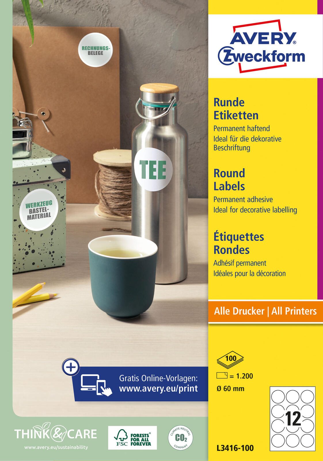 AVERY Zweckform Etiketten L3416-100 weiß 60,0 x 60,0 mm