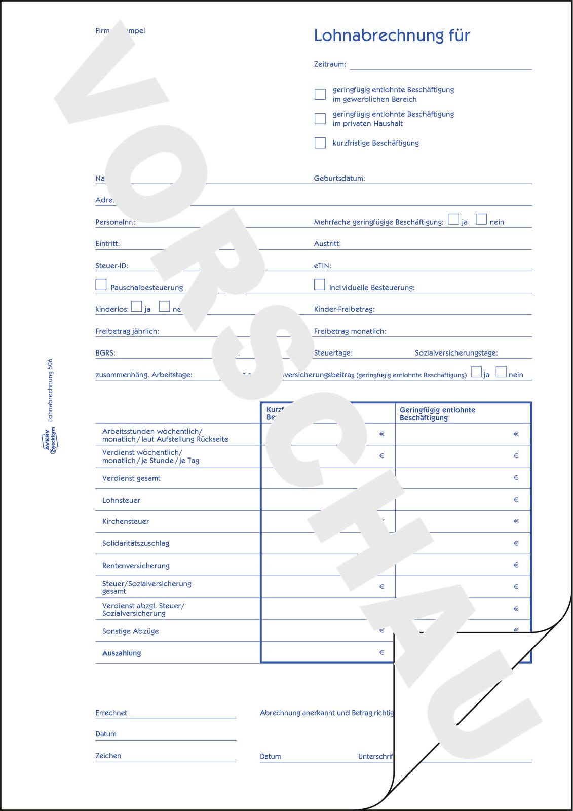 AVERY Zweckform Formularbuch Lohnabrechnung für geringfügig/kurzfristig Beschäftigte DIN A4 1x 50 Seiten