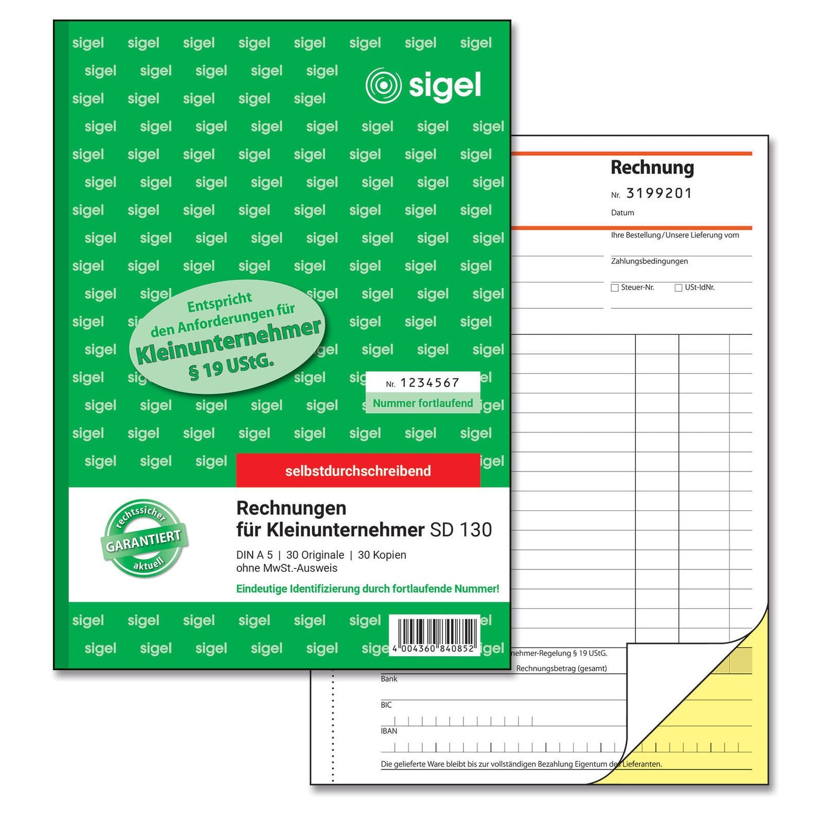 SIGEL Formularbuch Rechnung für Kleinunternehmer mit fortlaufenden Nummern (ohne MwSt.-Ausweis) DIN A5 2x 30 Seiten