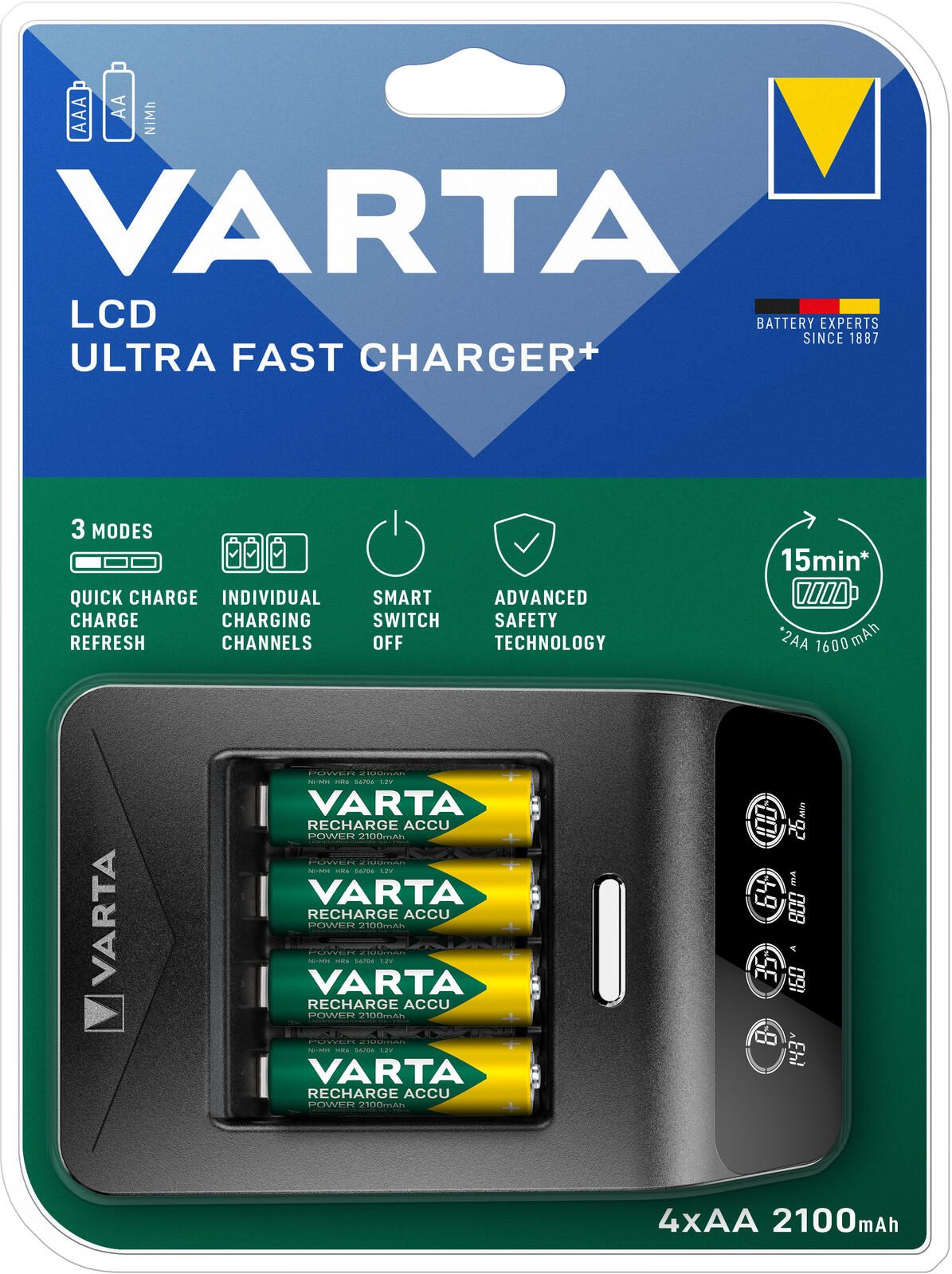 VARTA Akku-Schnellladegerät inkl. Akkus LCD ULTRA FAST CHARGER+