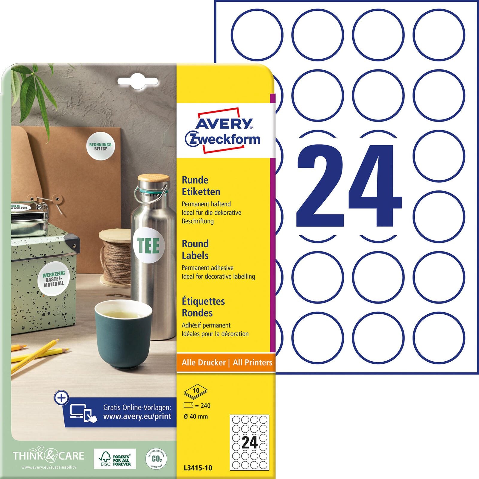 AVERY Zweckform Etiketten L3415-10 weiß 40,0 x 40,0 mm