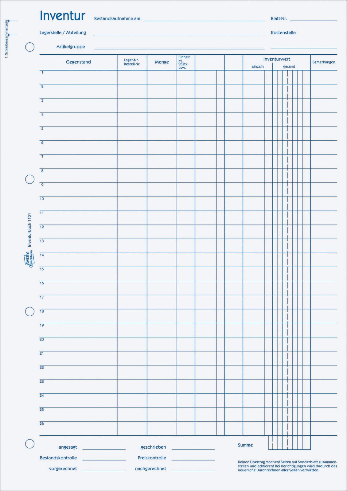 AVERY Zweckform Inventurbuch DIN A4 1x 50 Seiten