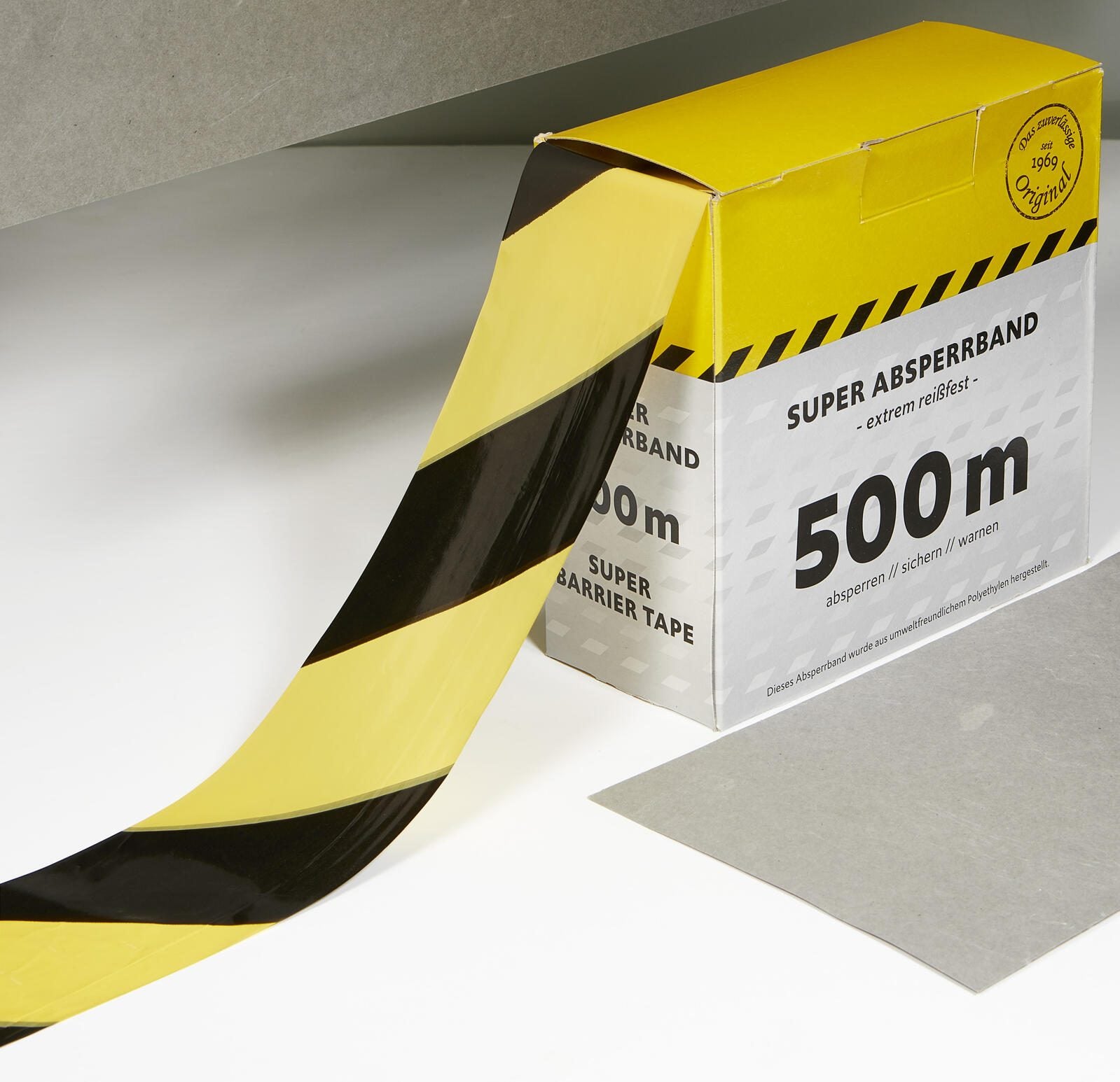 Absperrband 80 mm x 500 m gelb, schwarz