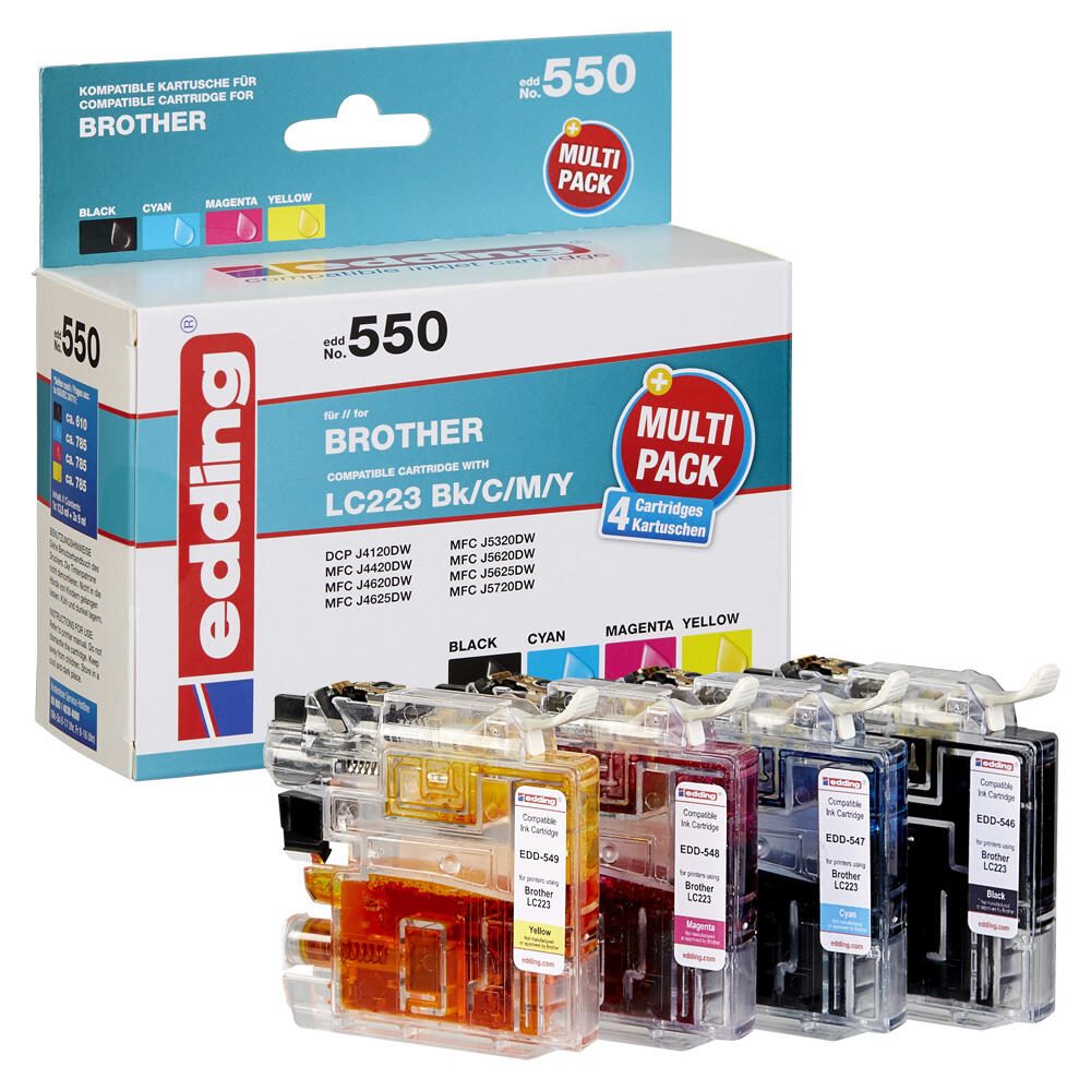 edding Druckerpatronen EDD-550 schwarz, cyan, magenta, gelb kompatibel zu brother LC-223BK/C/M/Y, 4er-Set