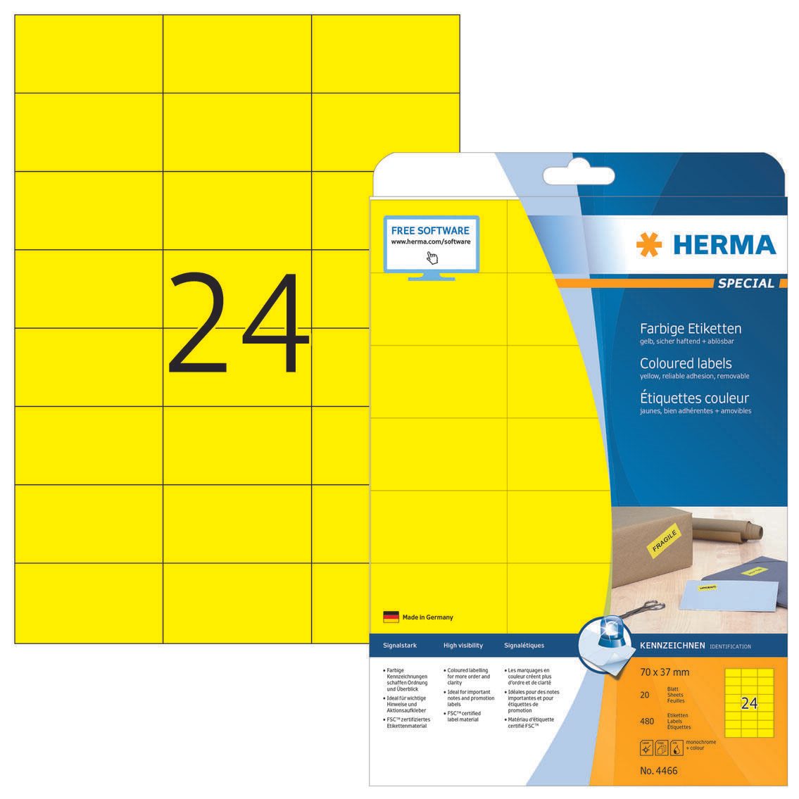 HERMA Etiketten 4466 gelb 70,0 x 37,0 mm