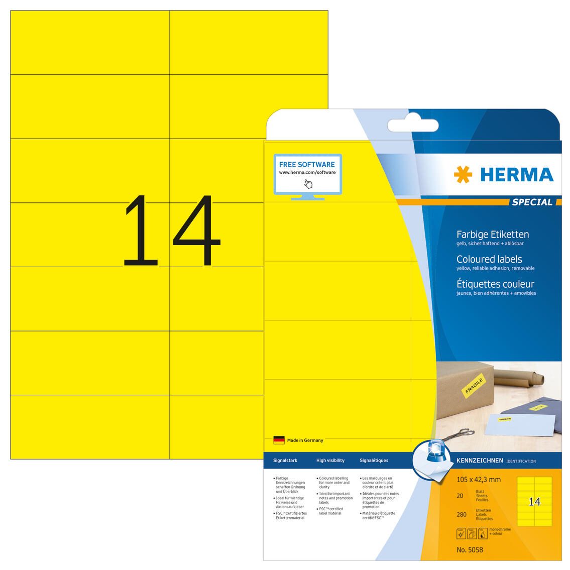 HERMA Etiketten 5058 gelb 105,0 x 42,3 mm