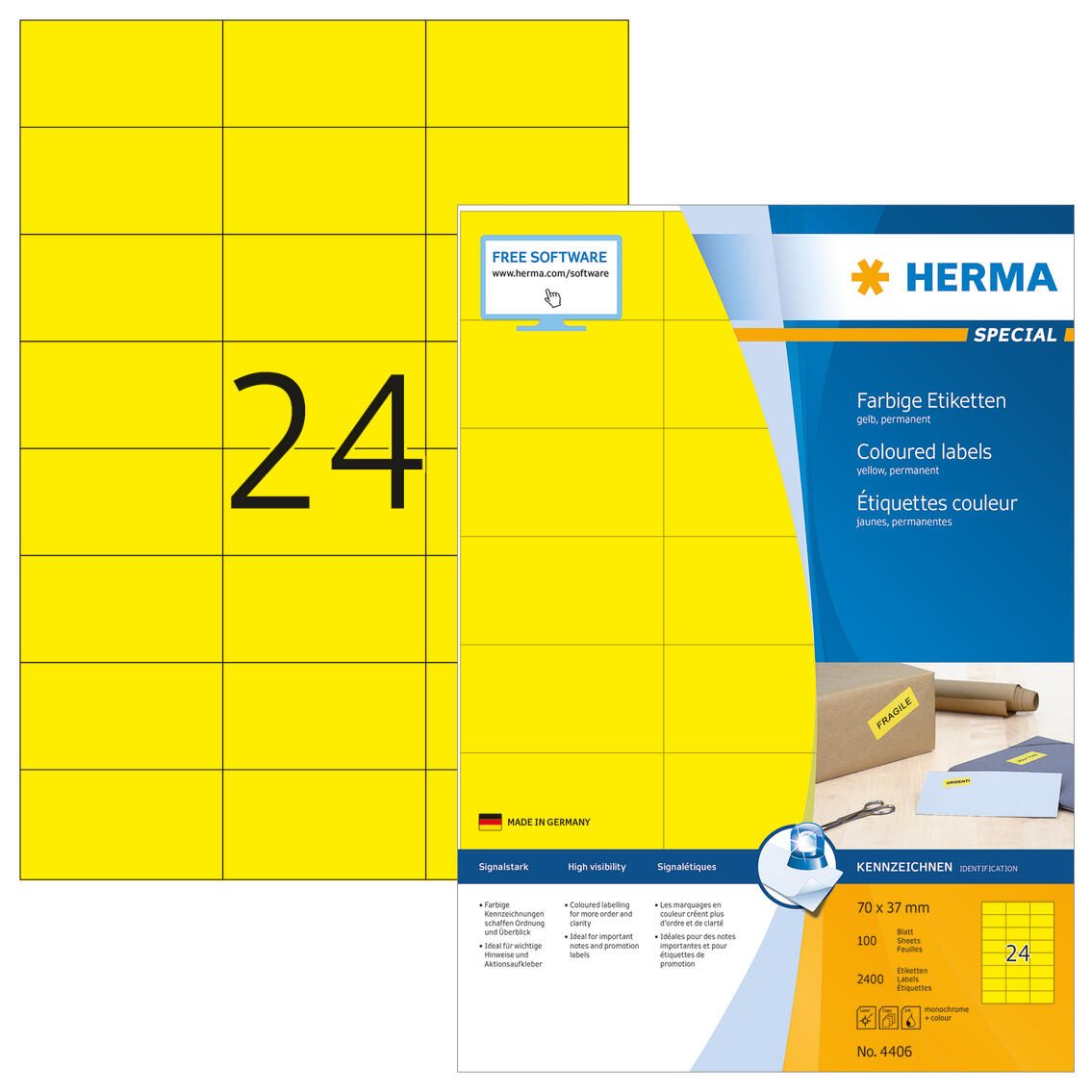HERMA Etiketten 4406 gelb 70,0 x 37,0 mm