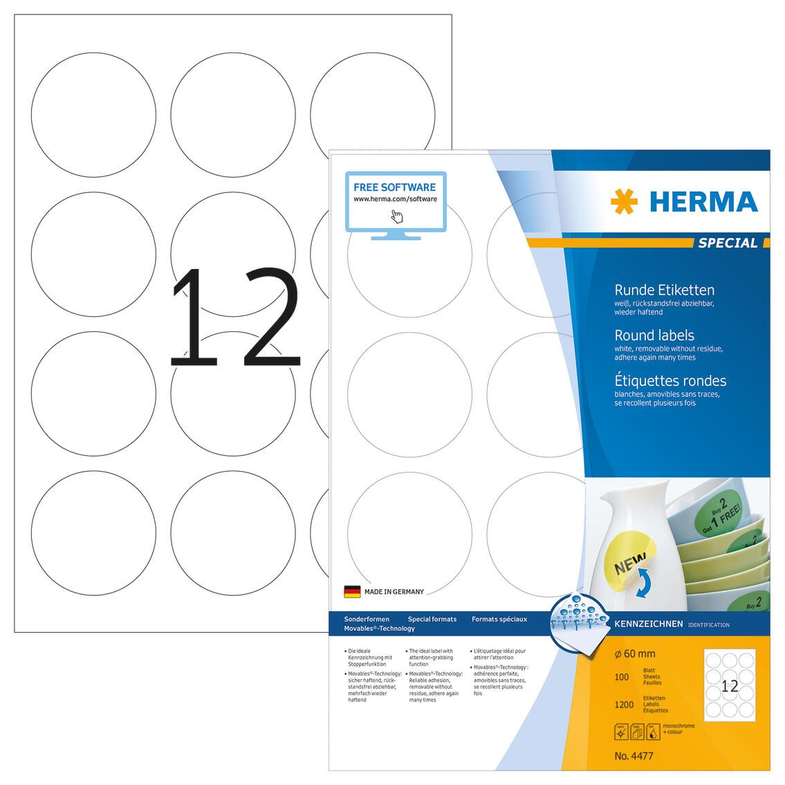 HERMA Etiketten 4477 weiß 60,0 x 60,0 mm
