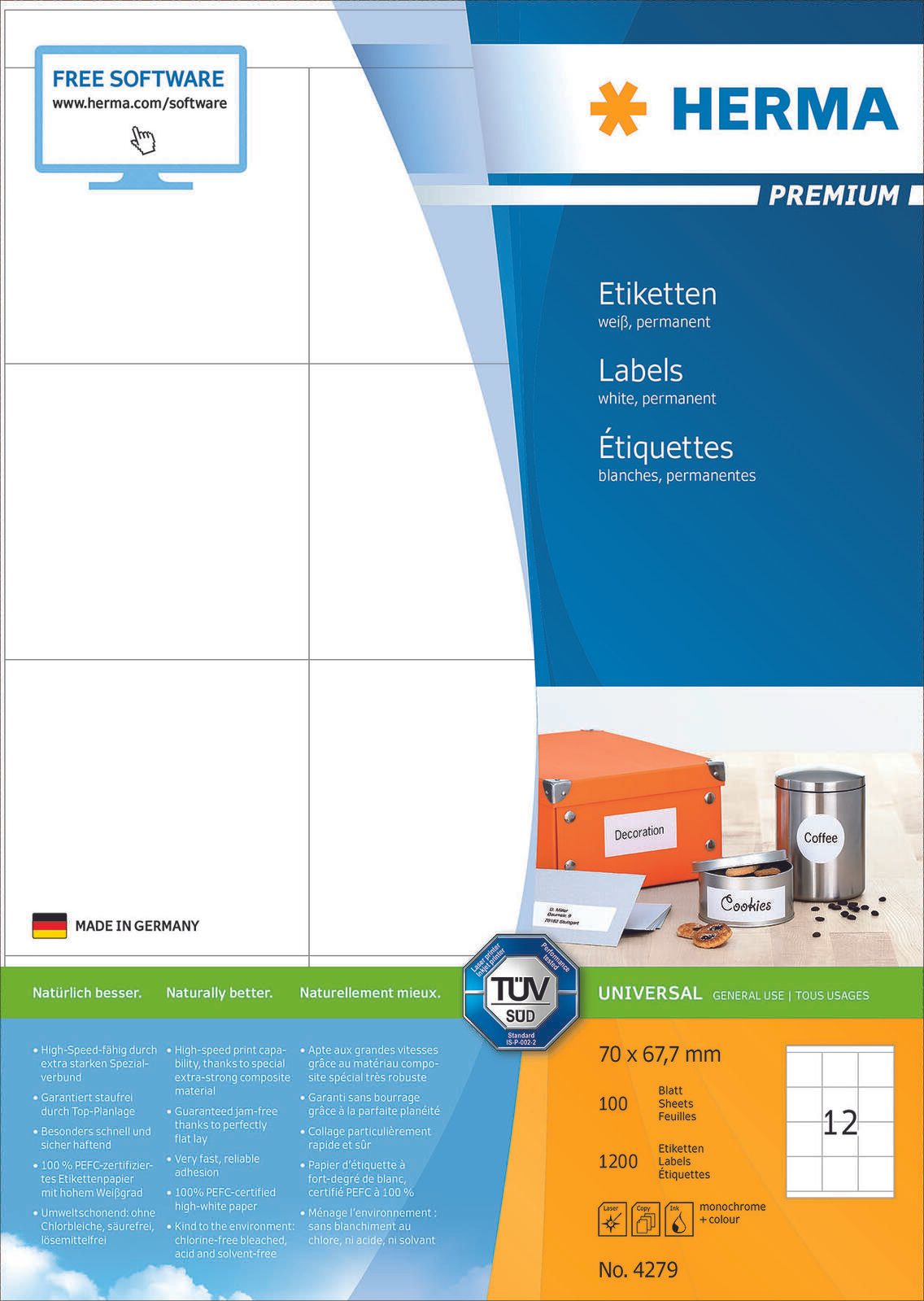 HERMA Etiketten 4279 weiß 70,0 x 67,7 mm