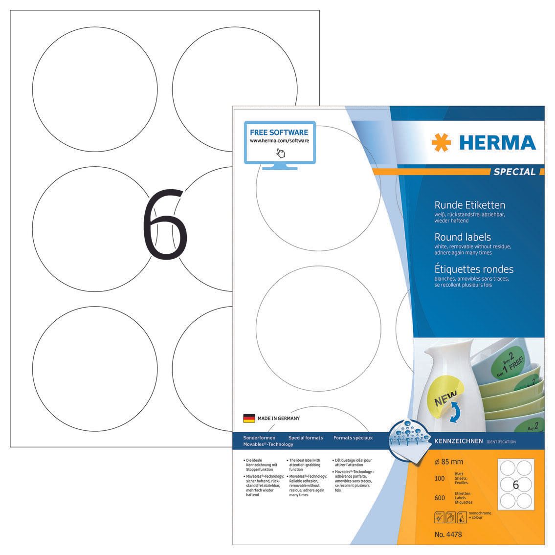 HERMA Etiketten 4478 weiß 85,0 x 85,0 mm