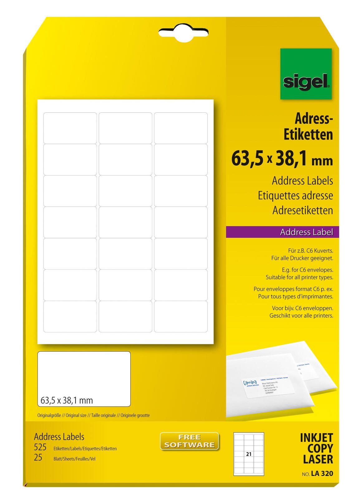 SIGEL Adressetiketten LA320 weiß 63,5 x 38,1 mm