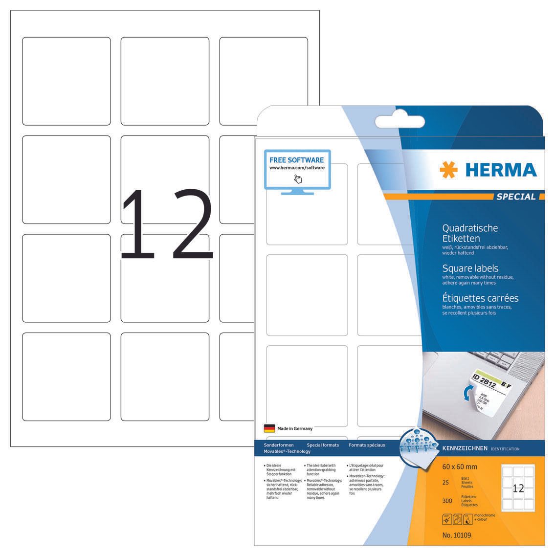 HERMA Etiketten 10109 weiß 60,0 x 60,0 mm