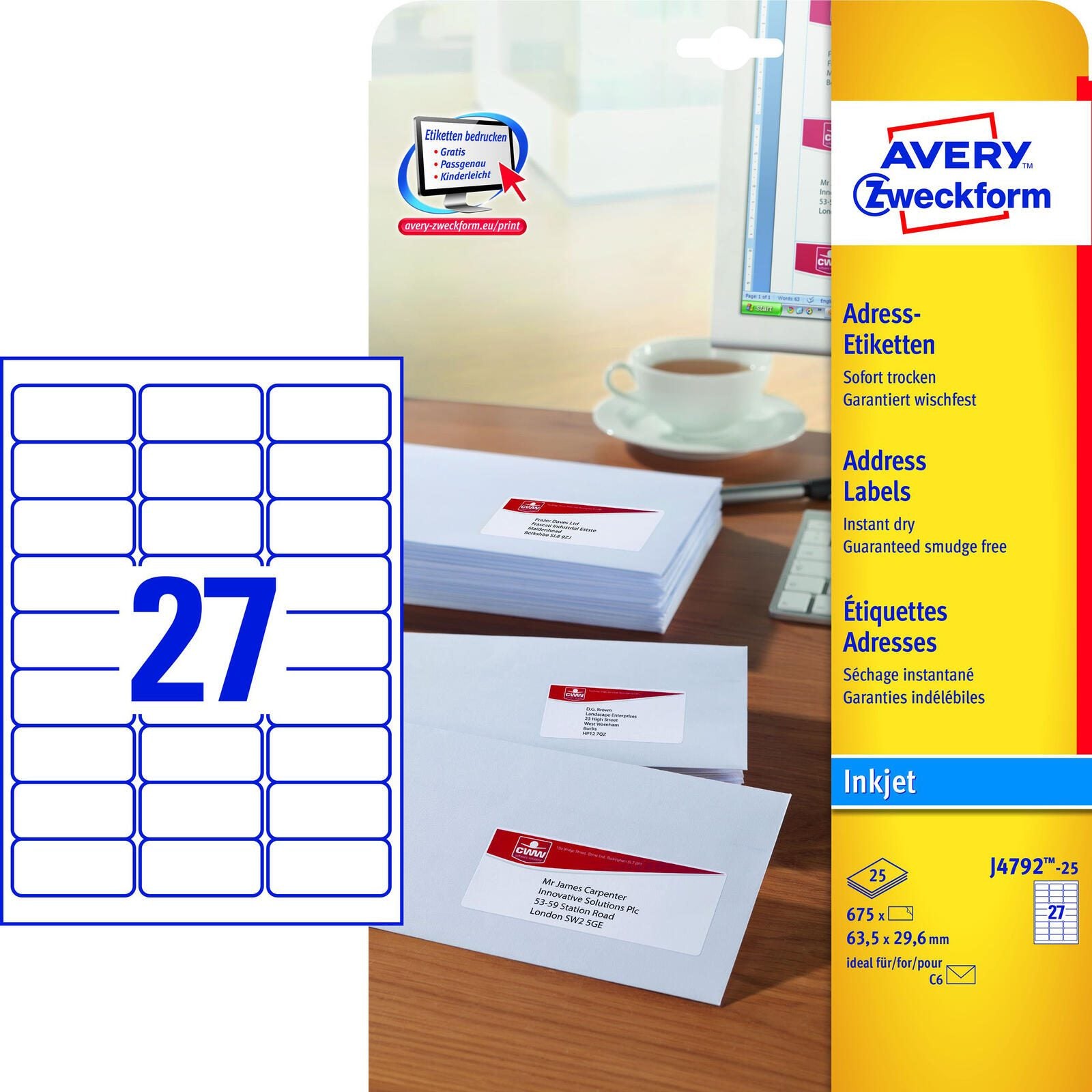 AVERY Zweckform Adressetiketten J4792-25 weiß 63,5 x 29,6 mm