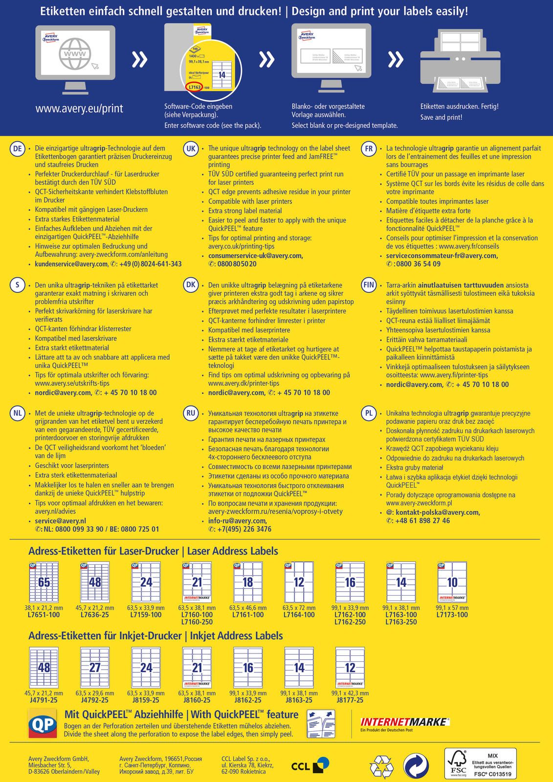 AVERY Zweckform Adressetiketten L7173-100 weiß 99,1 x 57,0 mm