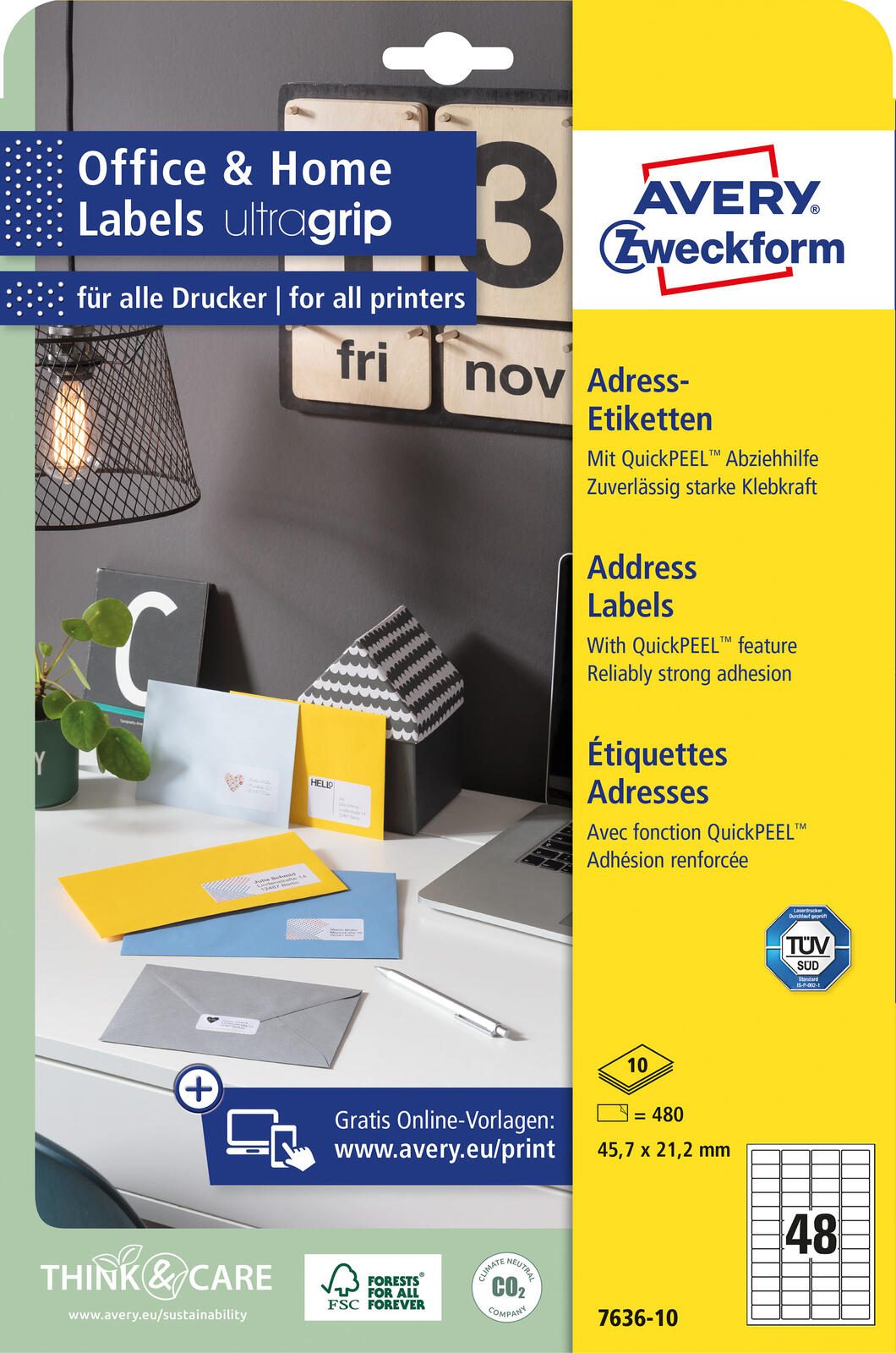 AVERY Zweckform Adressetiketten 7636-10 weiß 45,7 x 21,2 mm