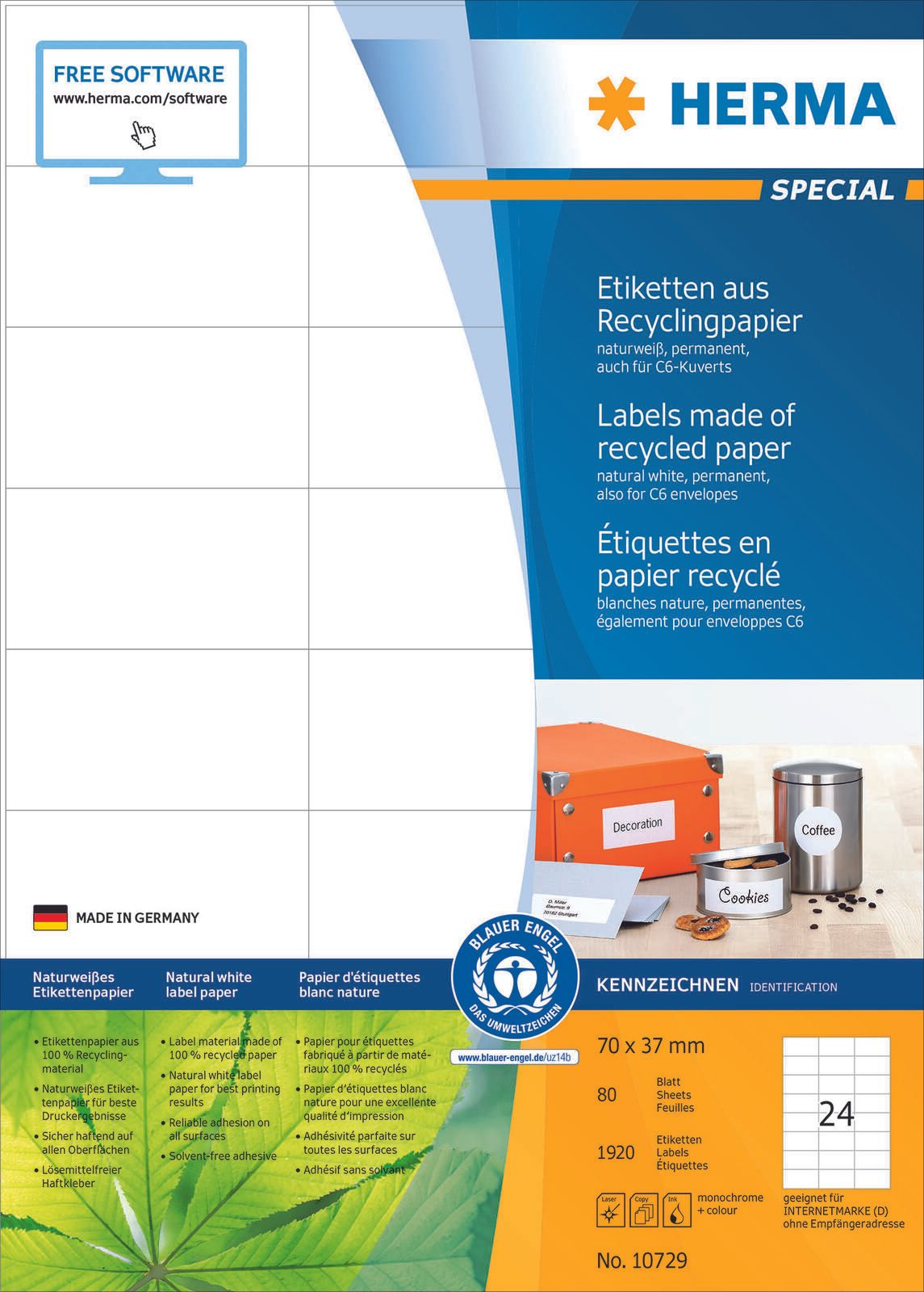 HERMA Etiketten 10729 weiß 70,0 x 37,0 mm