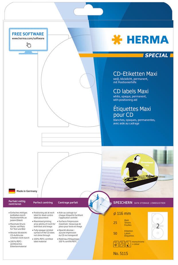 HERMA CD-Etiketten CD-Etiketten,maxi, Ø 116 mm 5115 weiß