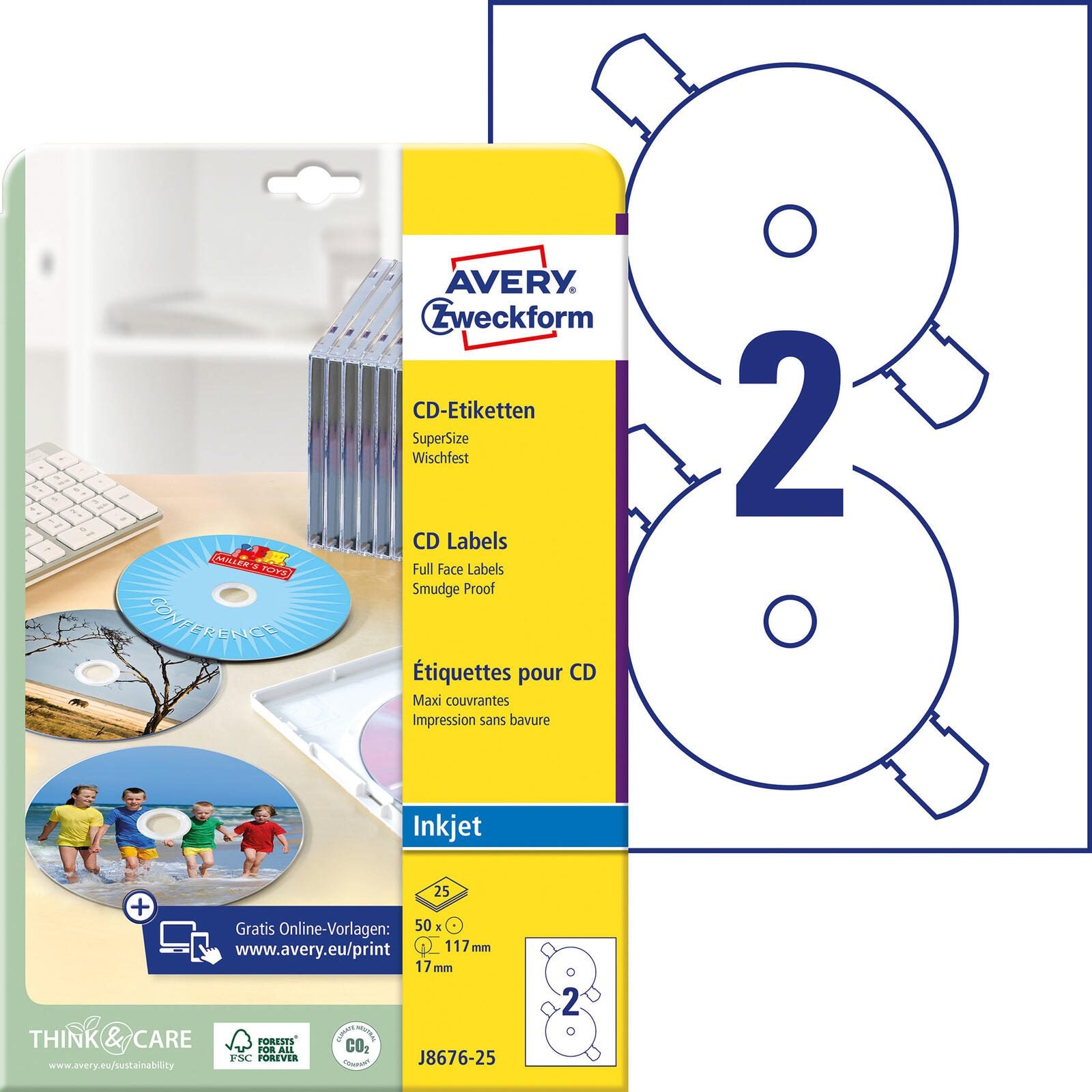 AVERY Zweckform CD-Etiketten SuperSize J8676-25 weiß