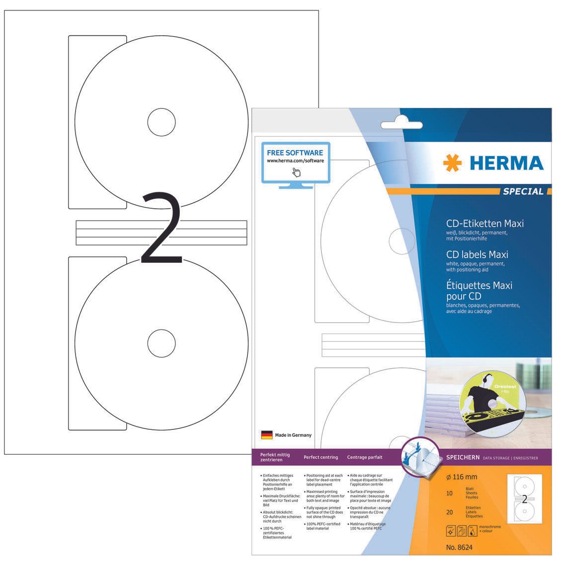 HERMA CD-Etiketten CD-Etiketten,weiß/glossy 20St 8624 weiß