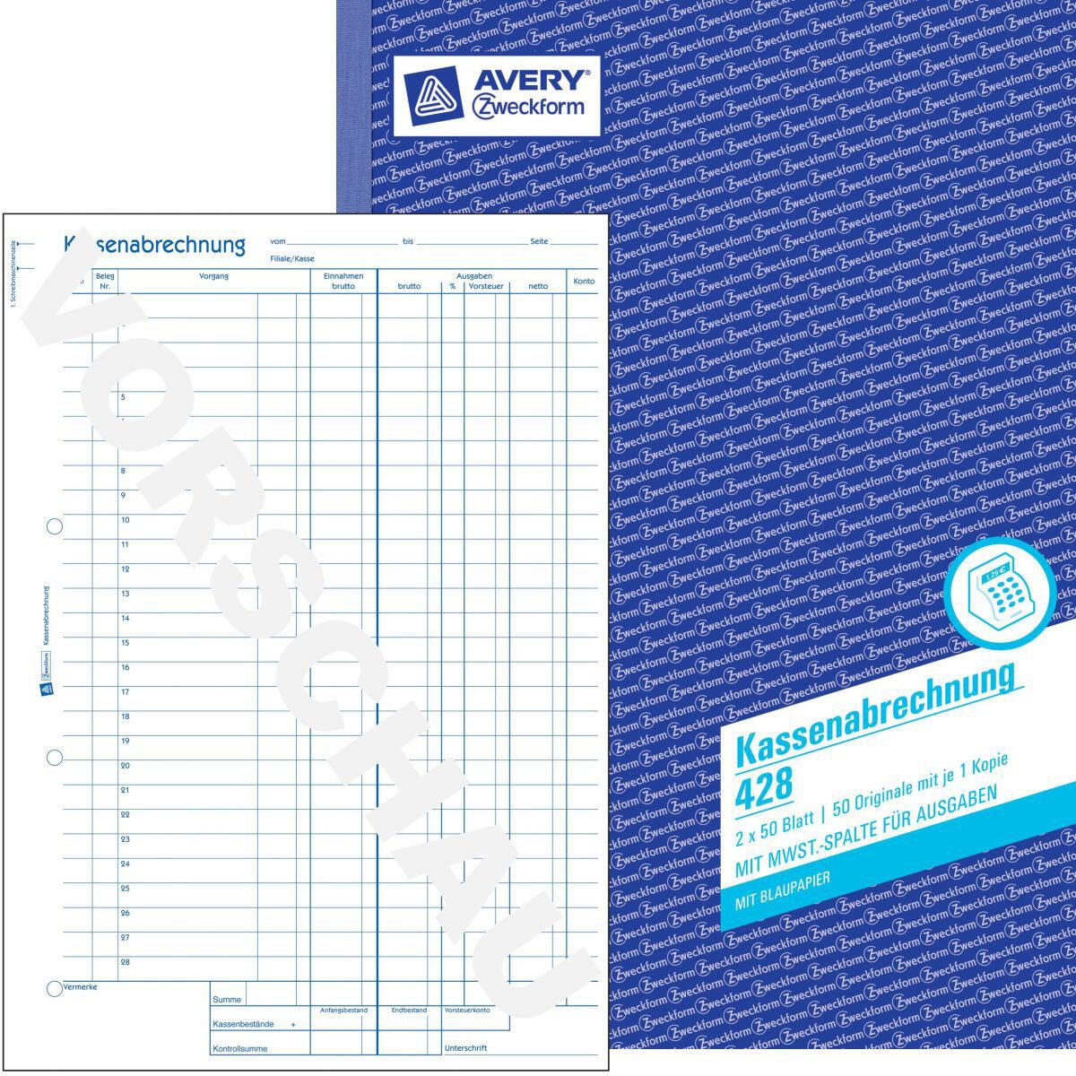 AVERY Zweckform Formularbuch Kassenabrechnung DIN A4 2x 50 Seiten