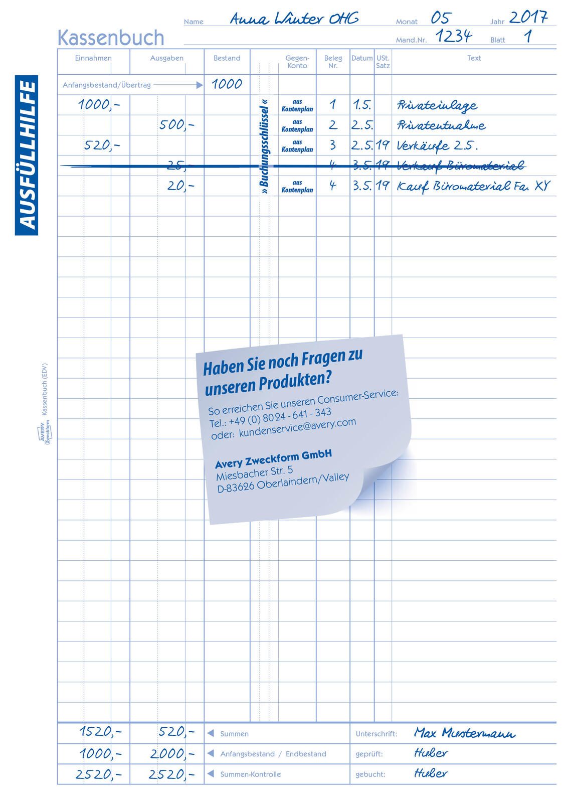 AVERY Zweckform Formularbuch Kassenbuch/EDV DIN A4 1x 100 Seiten