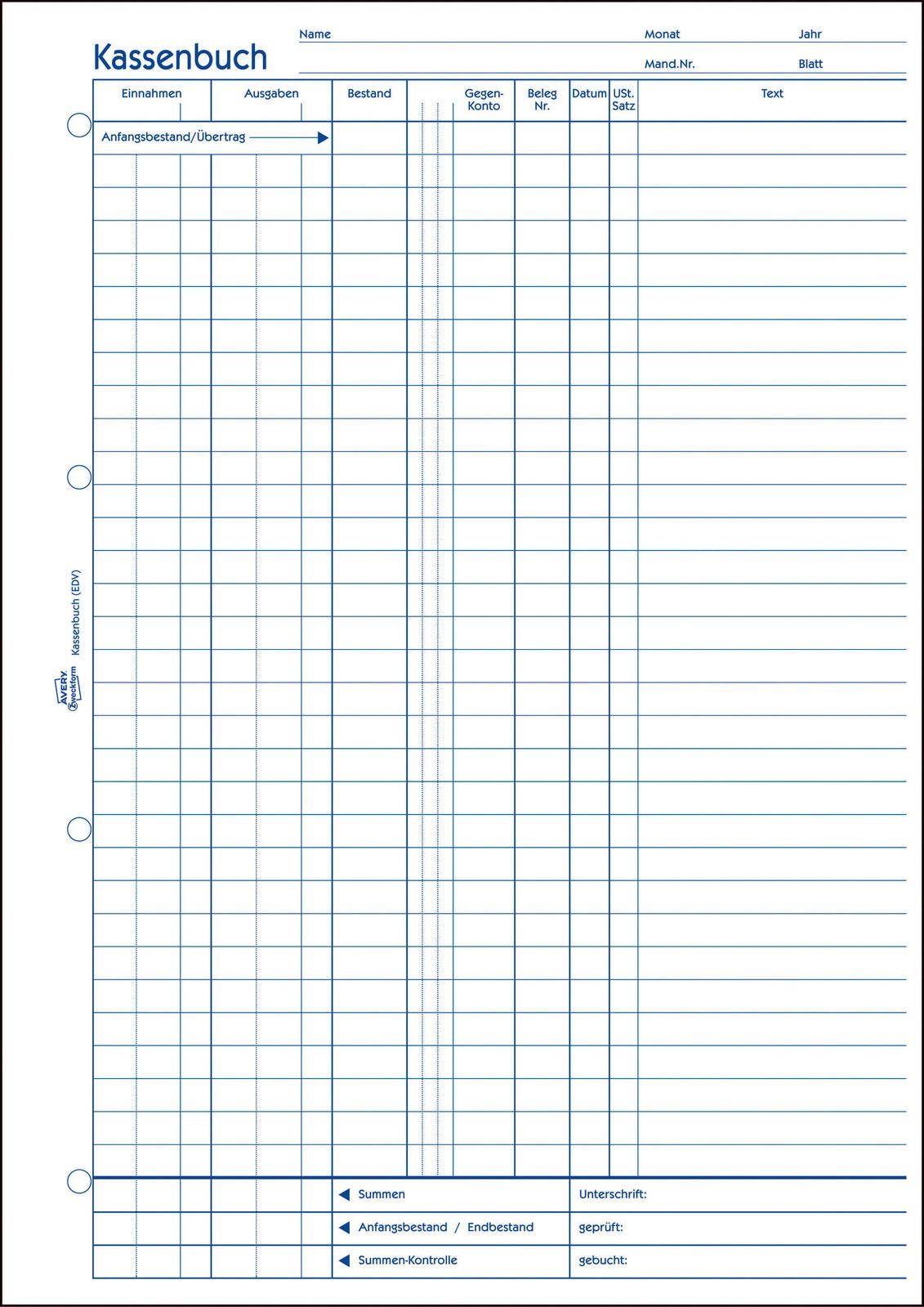 AVERY Zweckform Formularbuch Kassenbuch/EDV DIN A4 1x 100 Seiten