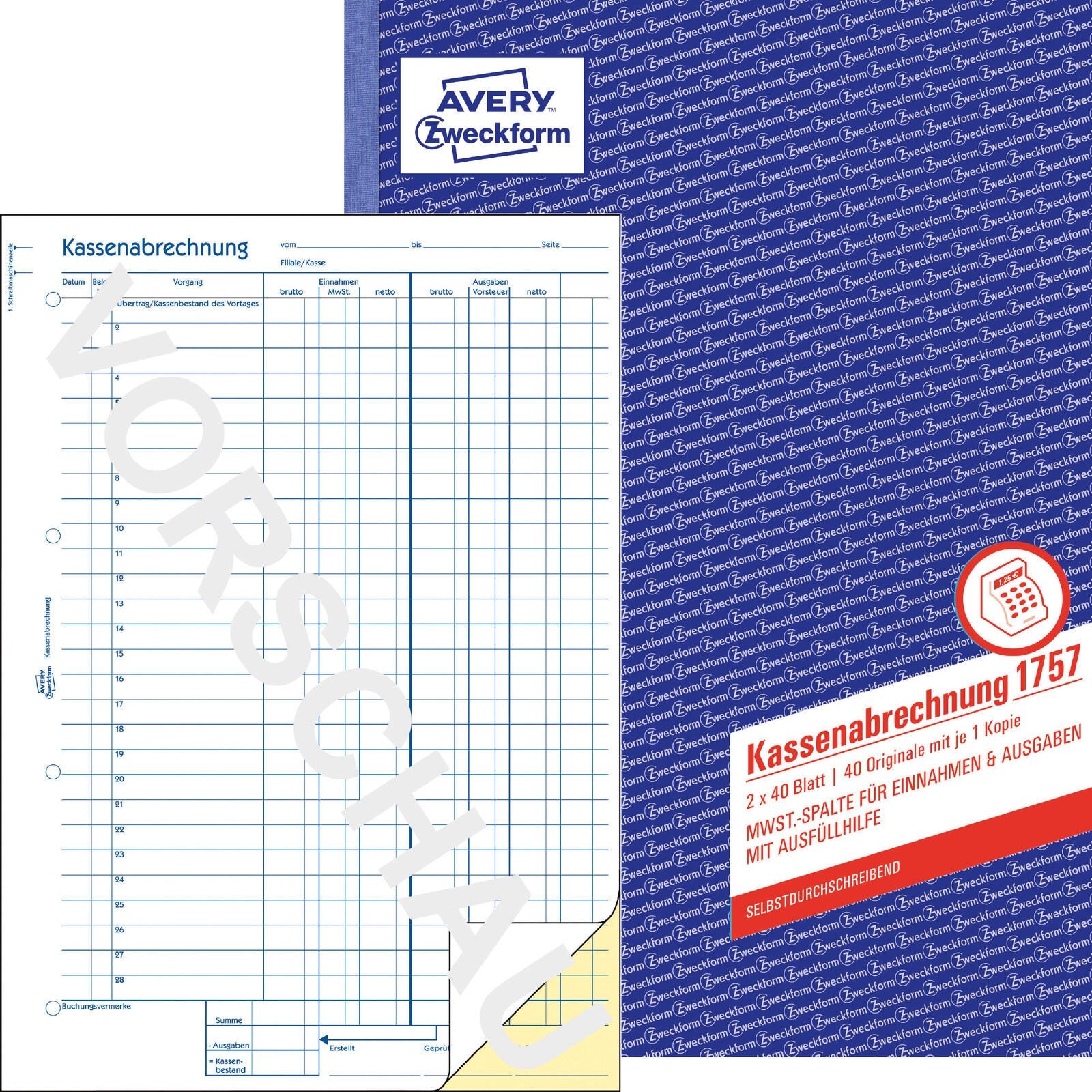 AVERY Zweckform Formularbuch Kassenbuch/EDV DIN A4 2x 40 Seiten