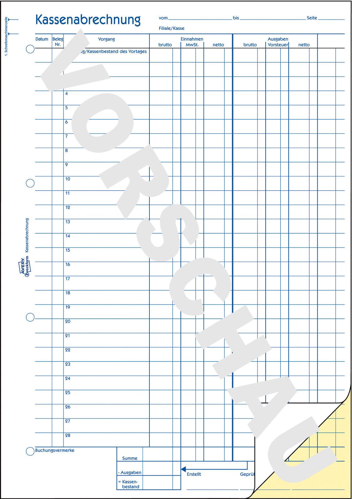 AVERY Zweckform Formularbuch Kassenbuch/EDV DIN A4 2x 40 Seiten