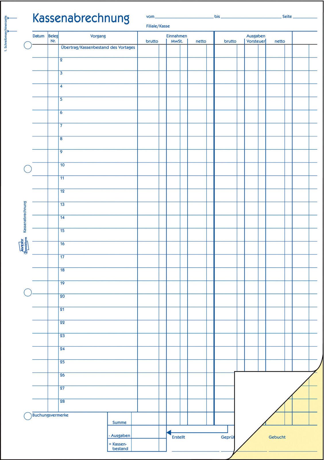 AVERY Zweckform Formularbuch Kassenbuch/EDV DIN A4 2x 40 Seiten