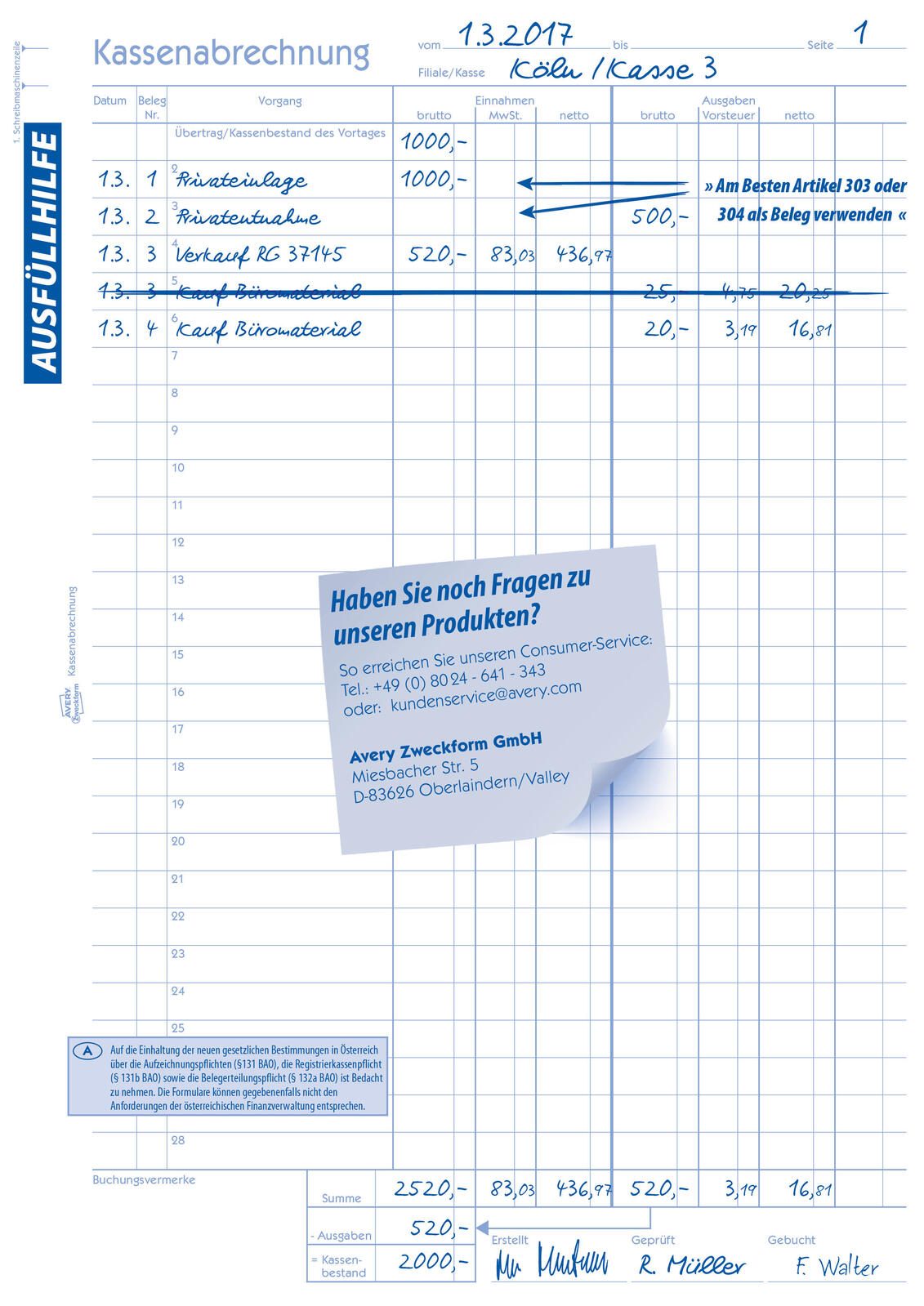 AVERY Zweckform Formularbuch Kassenbuch/EDV DIN A4 2x 40 Seiten