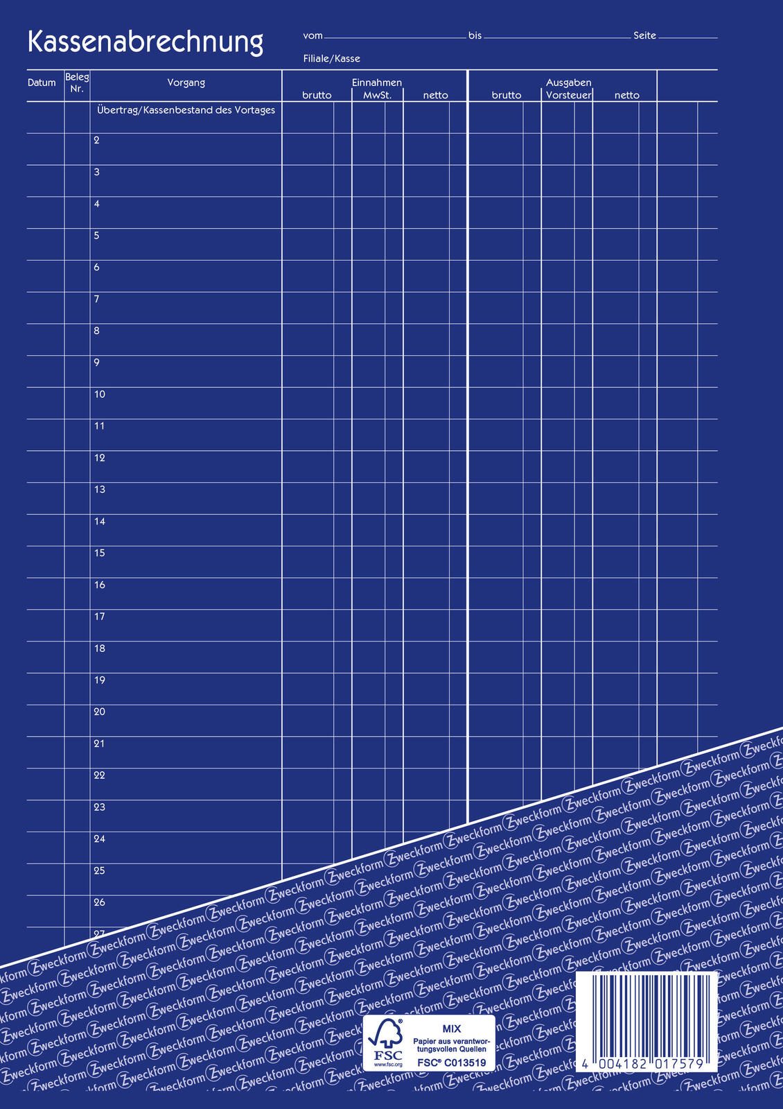AVERY Zweckform Formularbuch Kassenbuch/EDV DIN A4 2x 40 Seiten