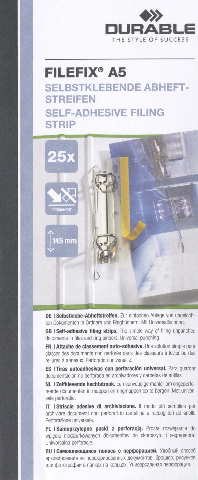 DURABLE Heftstreifen, selbstklebend für bis DIN A4 transparent