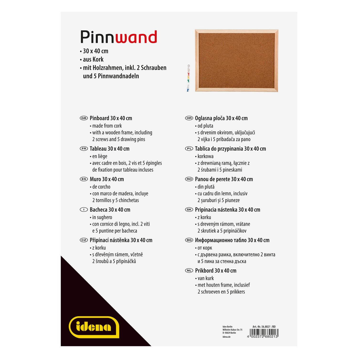 Idena Pinnwand mit Zubehör 40,0 x 30,0 cm Kork braun