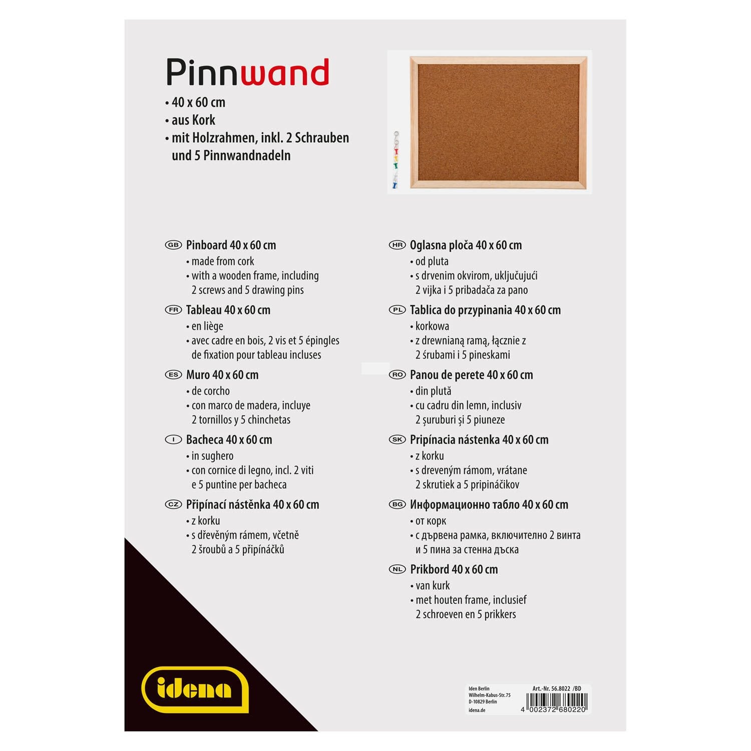 Idena Pinnwand mit Zubehör 60,0 x 40,0 cm Kork braun