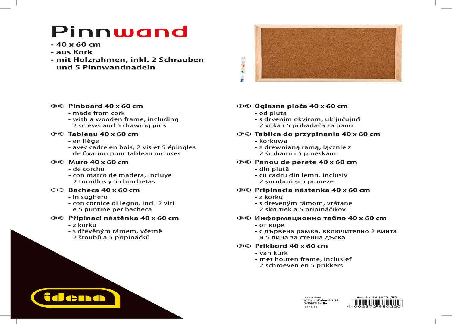 Idena Pinnwand mit Zubehör 60,0 x 40,0 cm Kork braun