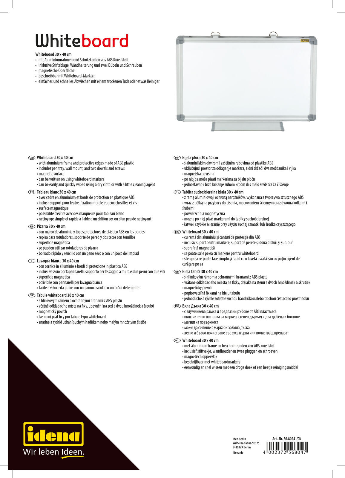 Idena Whiteboard 40,0 x 30,0 cm weiß