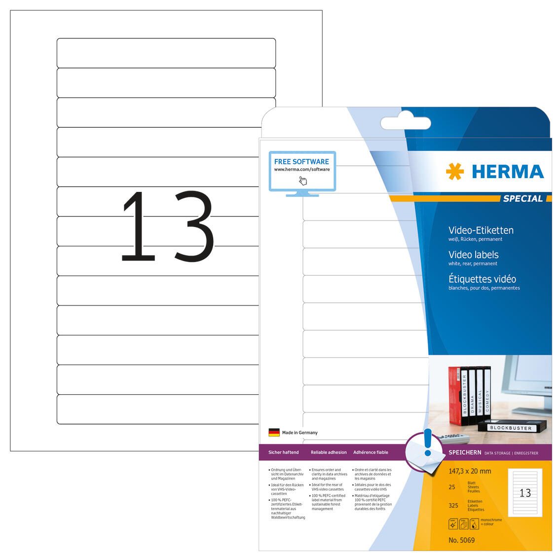 HERMA Video-Etiketten 5069 weiß 147,3 x 20,0 mm