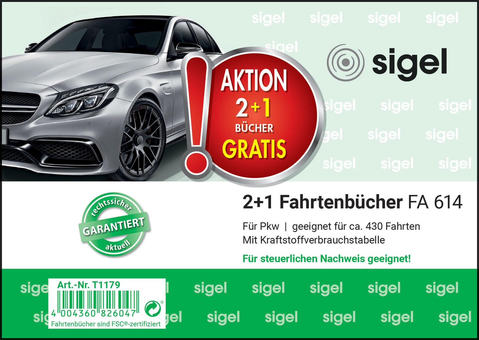 SIGEL Fahrtenbuch, Pkw mit Kraftstoffverbrauch Formularbücher FA614 + GRATIS 1 St.