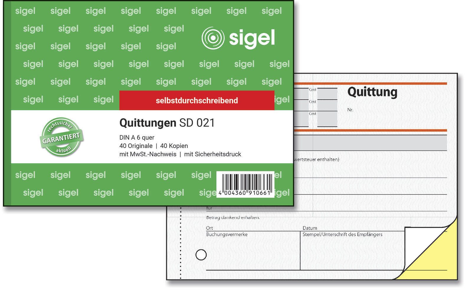 SIGEL Quittungen, MwSt. separat ausgewiesen Formularbücher T1178 + GRATIS 1 St.