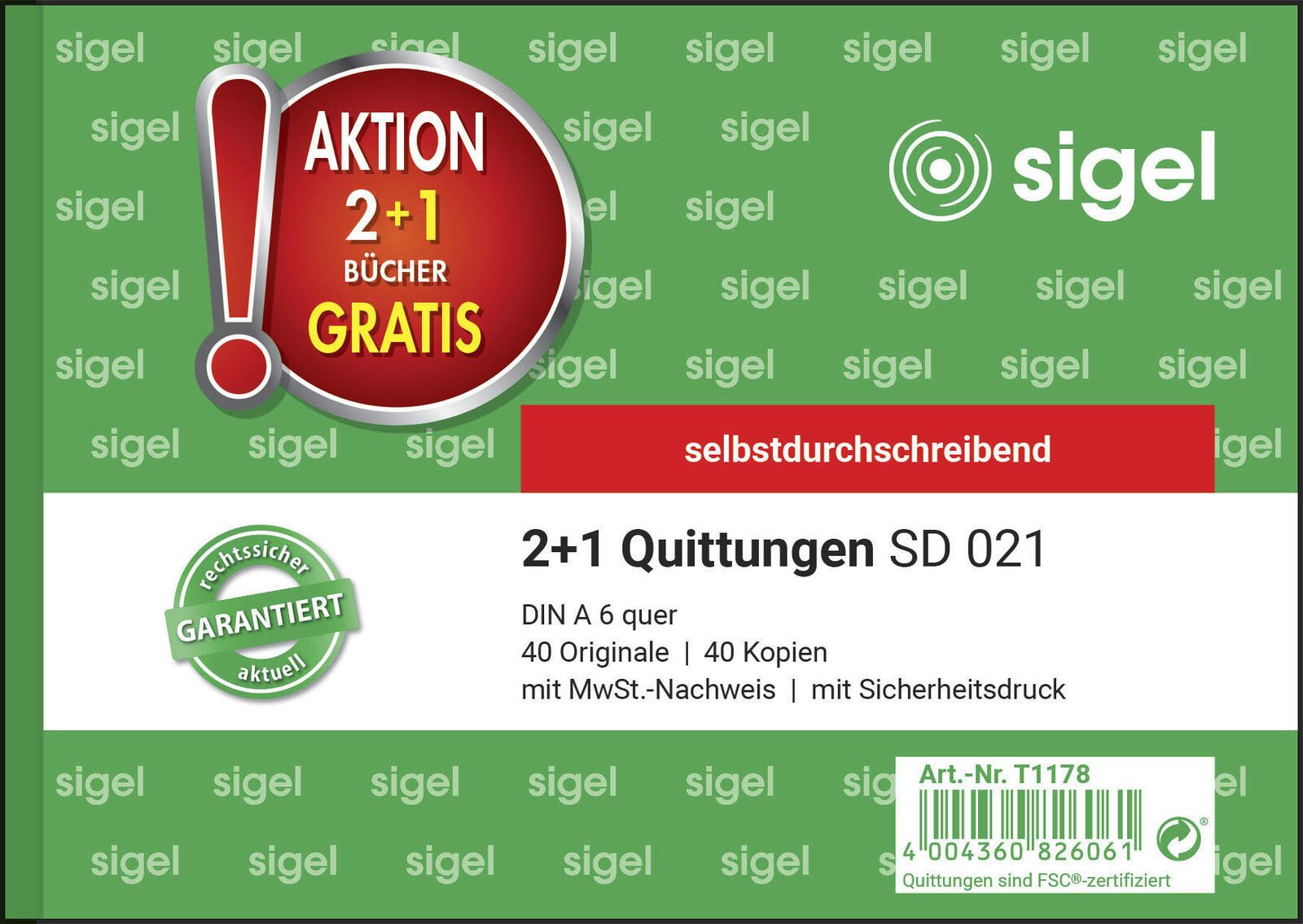 SIGEL Quittungen, MwSt. separat ausgewiesen Formularbücher T1178 + GRATIS 1 St.