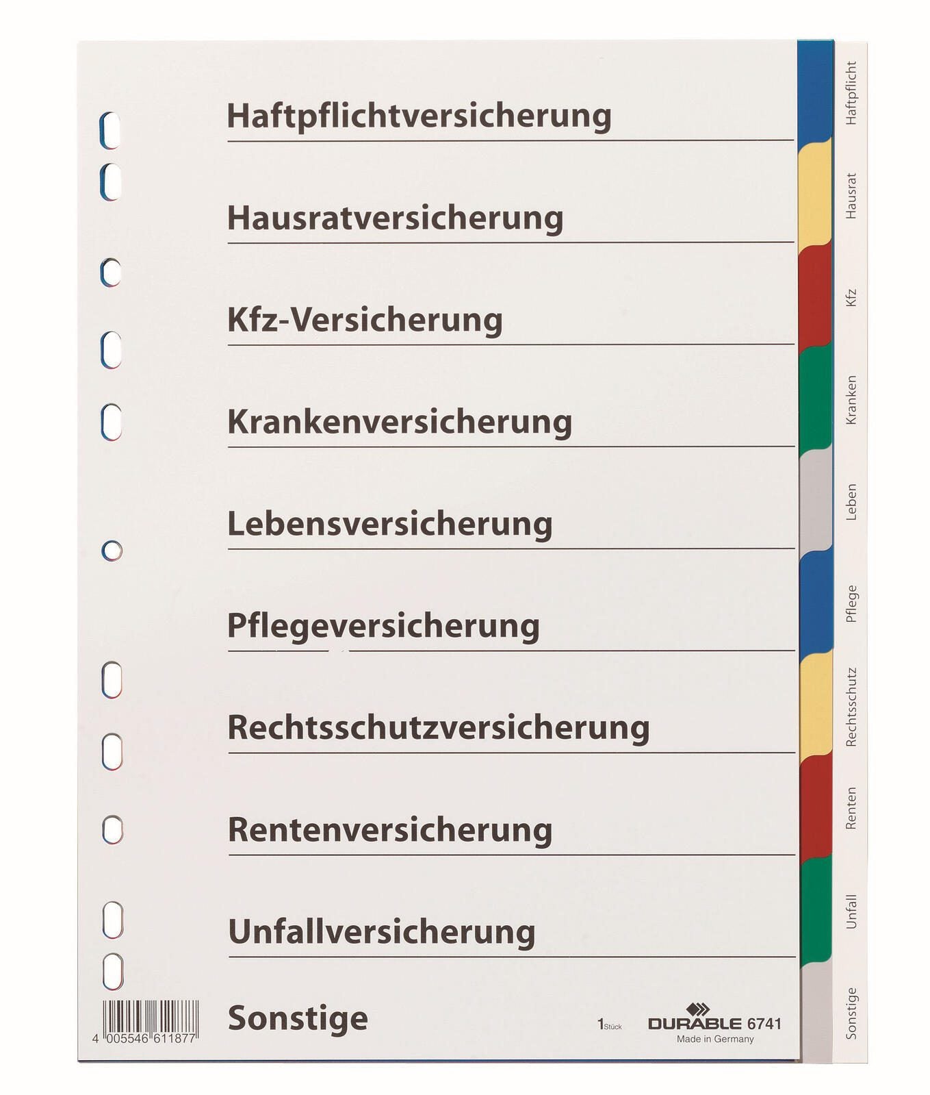 DURABLE Ordnerregister Vollformat blanko mit Deckblatt Versicherungen DIN A4